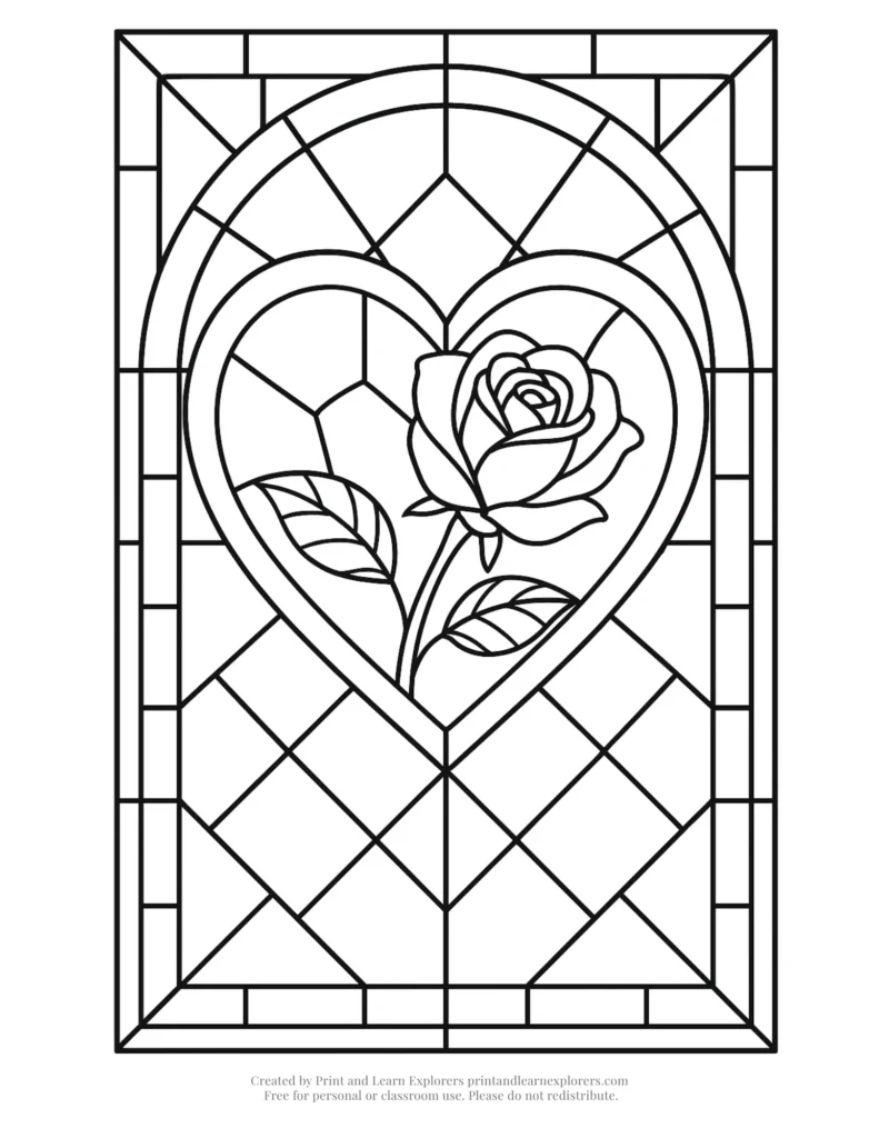 heart and roses coloring page stained glass simple