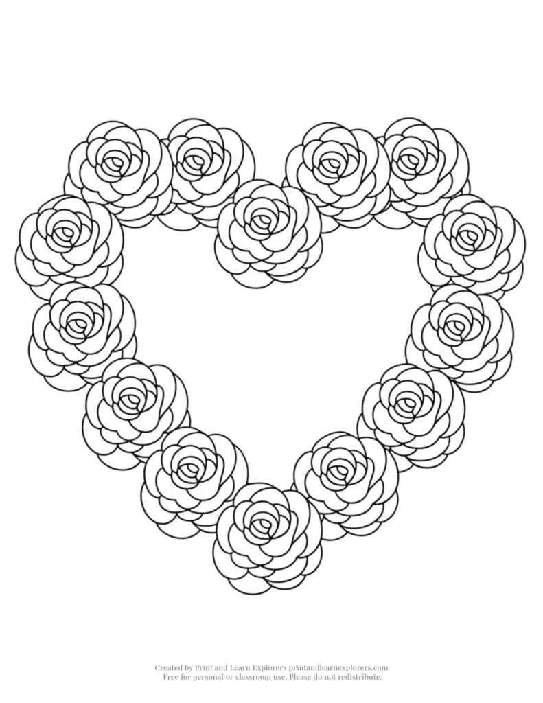heart and roses coloring page wreath