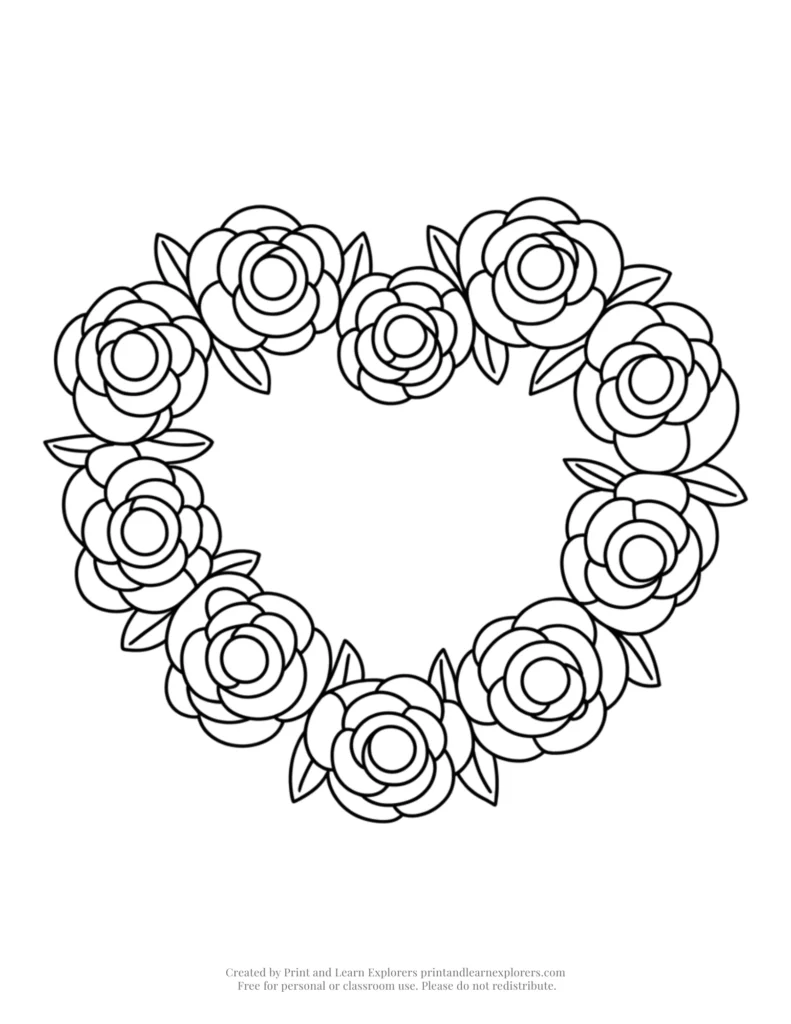 heart and roses coloring page wreath simple