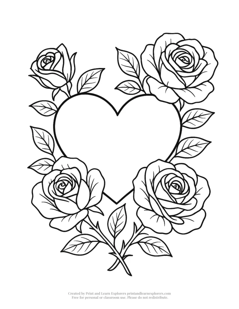heart and roses coloring pages framing heart