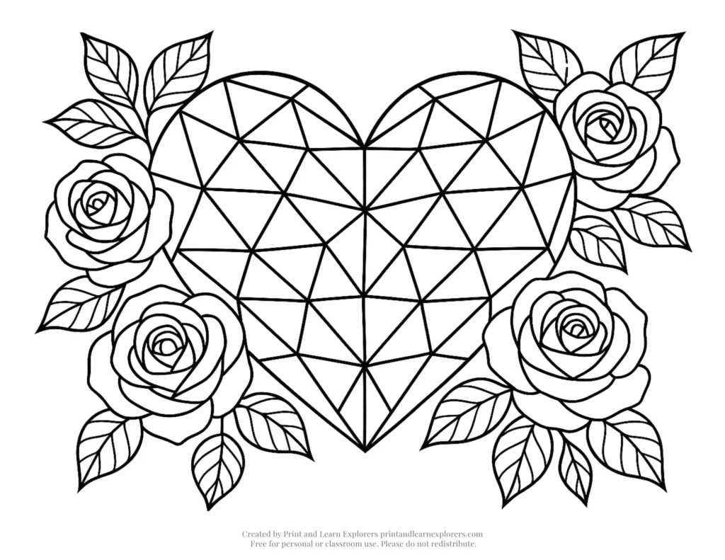 heart and roses geometric coloring page