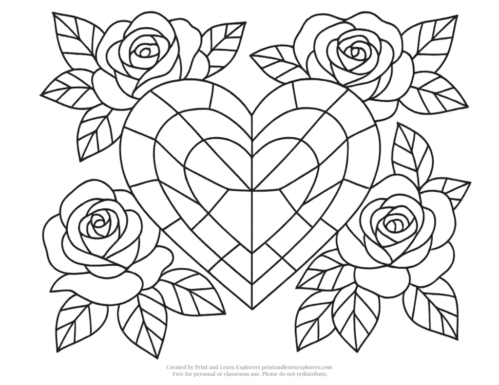 rose heart coloring page geometric