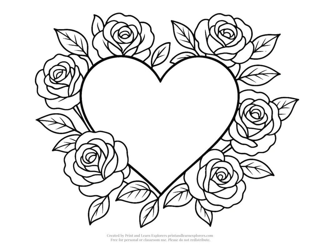 rose heart coloring page landscape