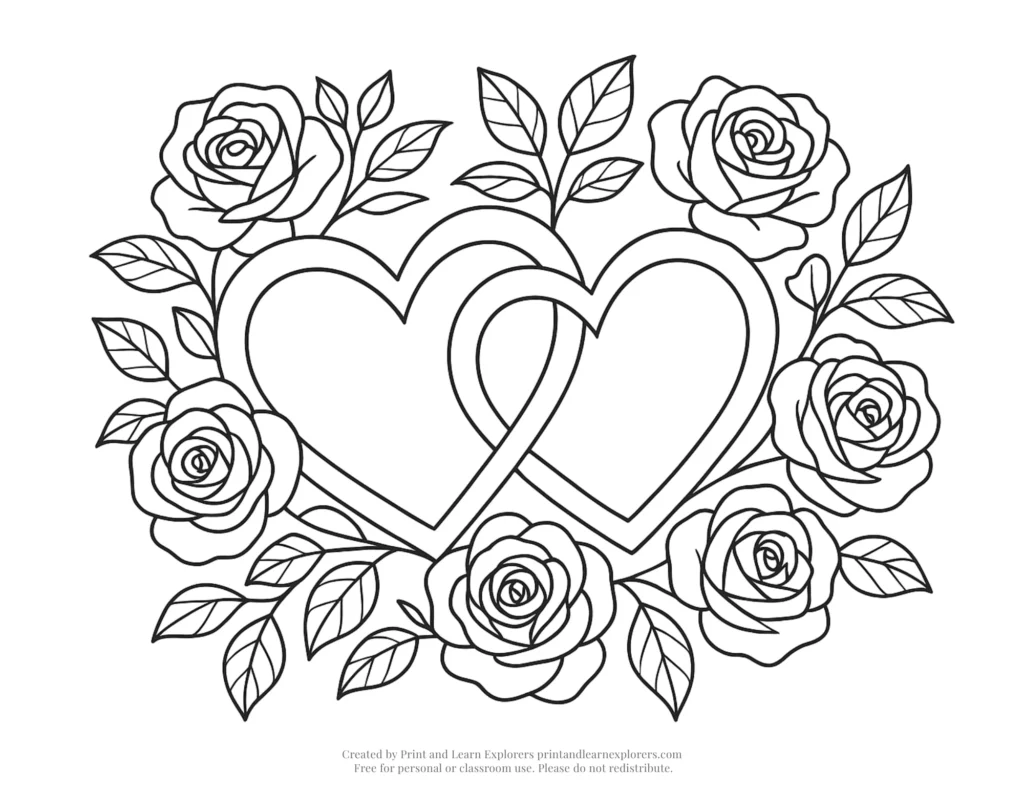 rose heart coloring page linked hearts