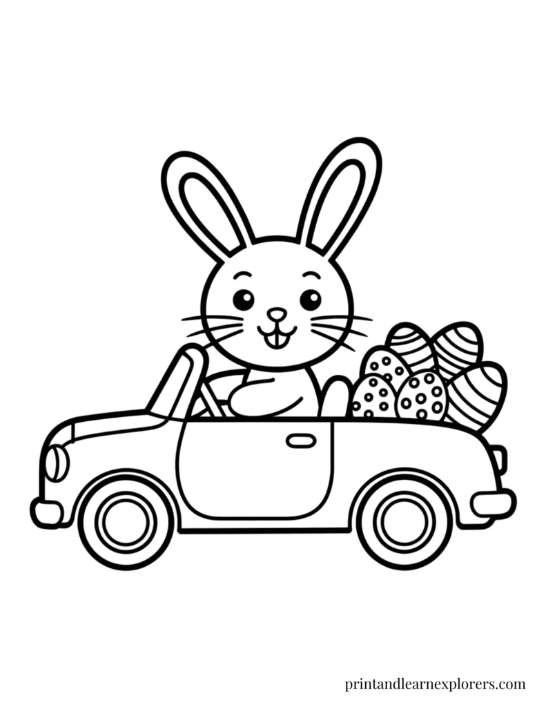 Easter bunny in car for preschool coloring page