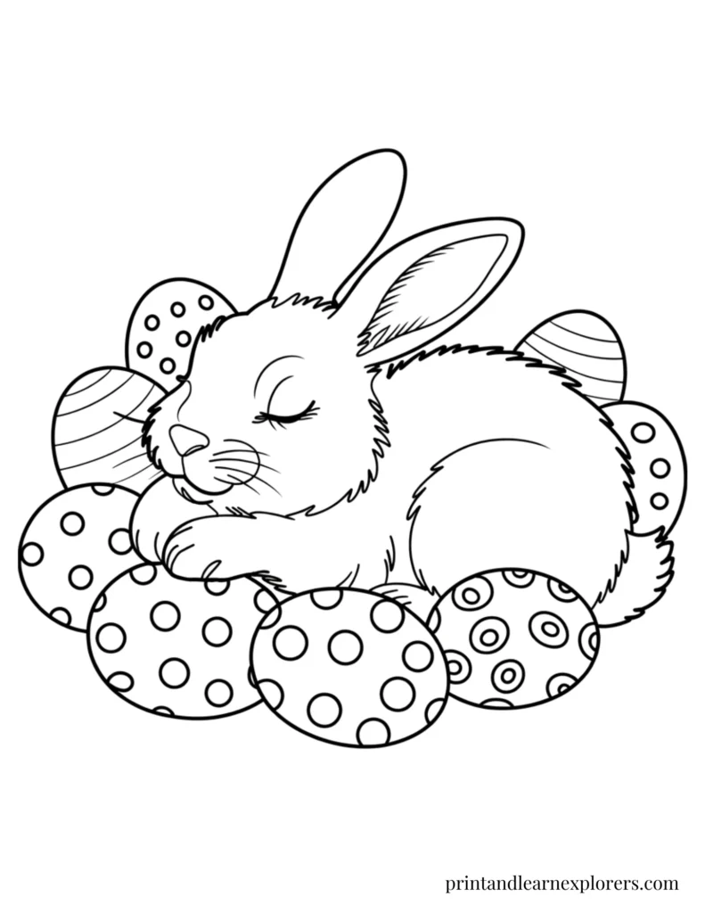 Easter bunny sleeping in the eggs coloring page
