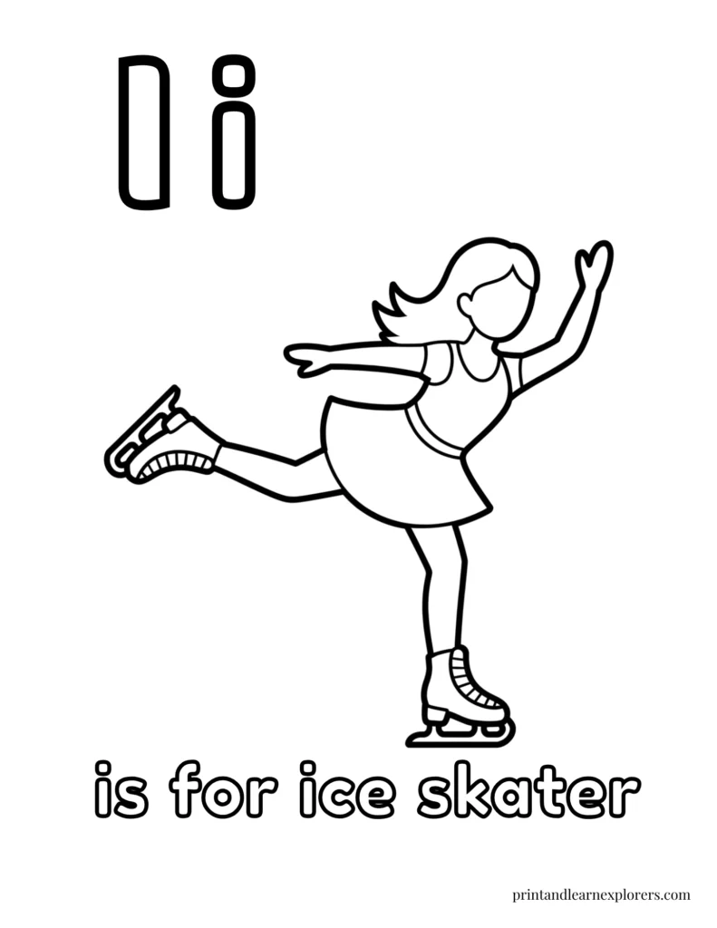 Letter I is for ice skater coloring page