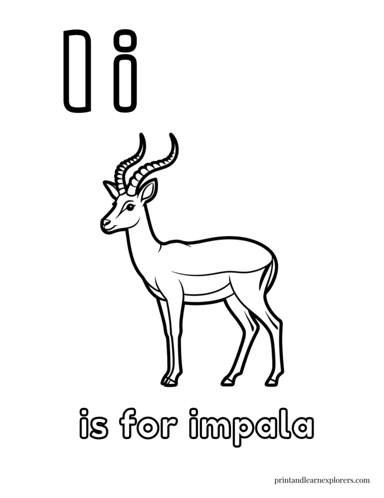 Letter I is for impala coloring page