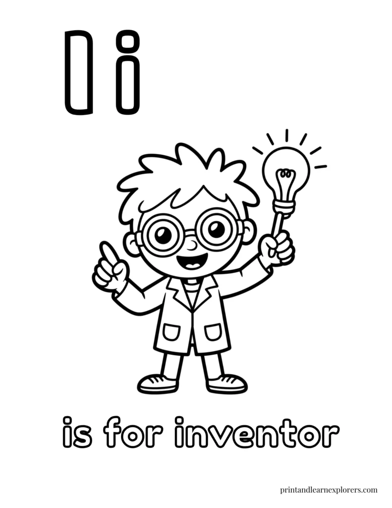 Letter I is for inventor coloring page