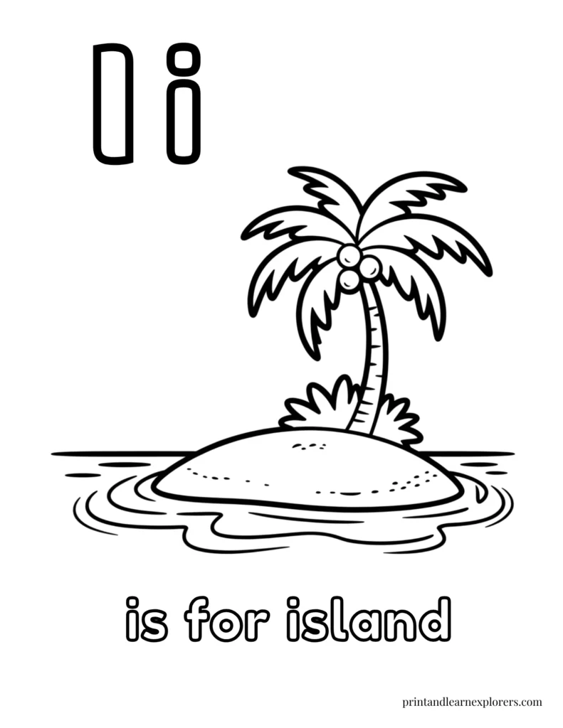 Letter I is for island coloring page