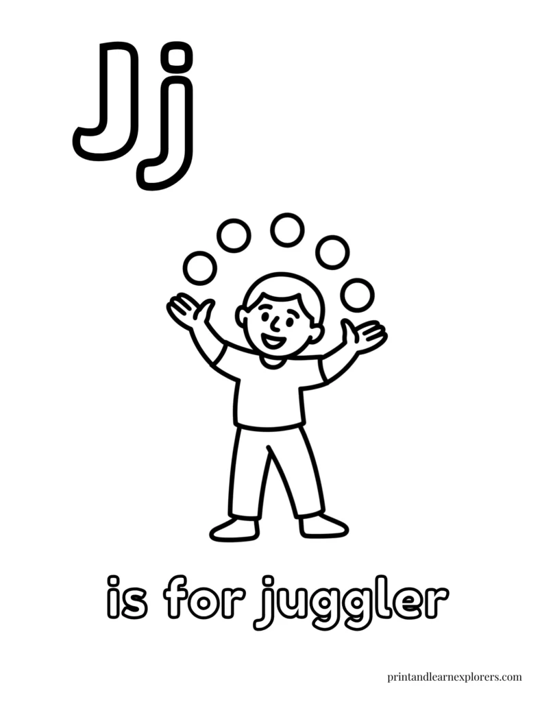 Letter J is for juggler coloring page