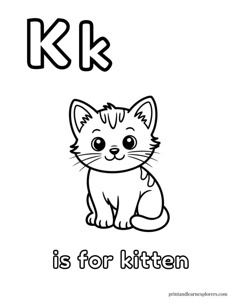 Letter K is for kitten coloring page