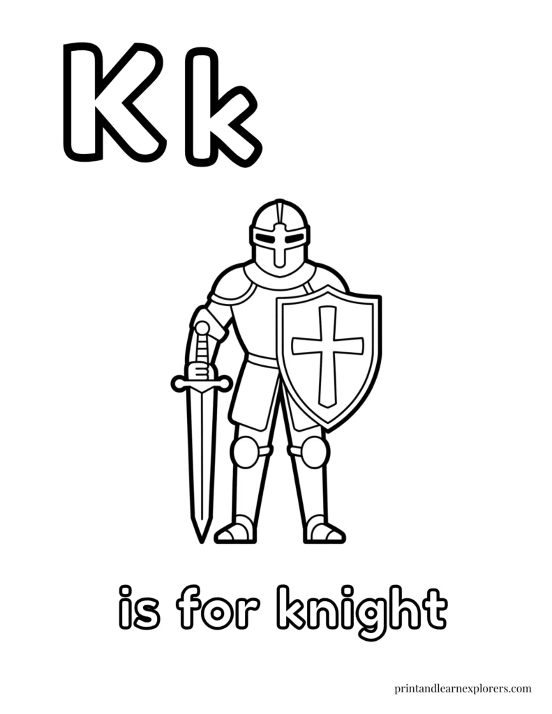 Letter K is for knight coloring page