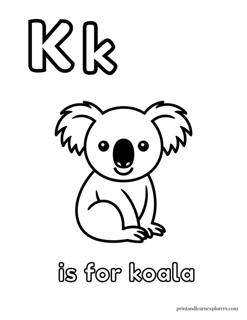 Letter K is for koala coloring page
