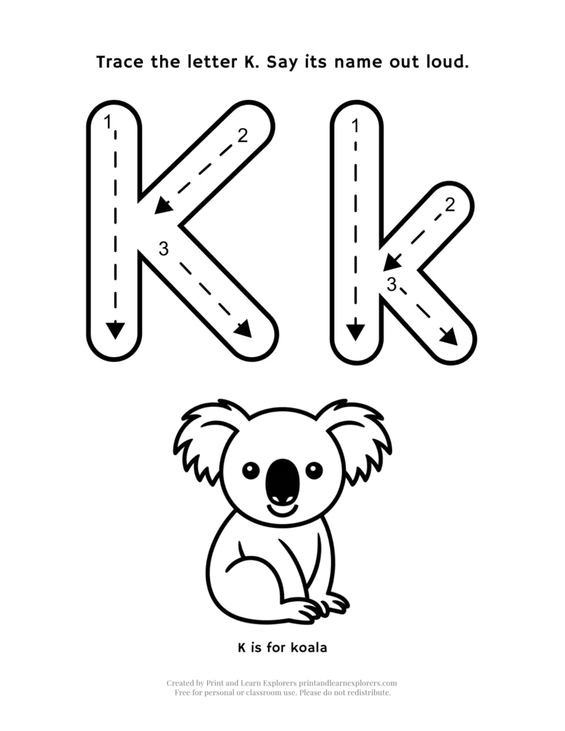 Trace the letter K, with koala image to color worksheet