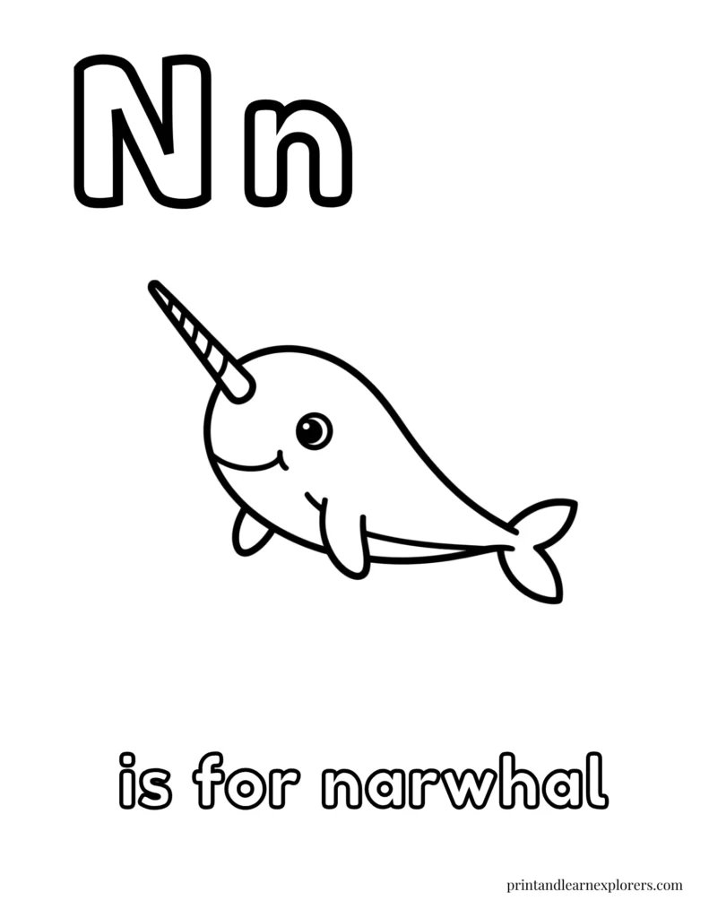 Letter N is for narwhal coloring page