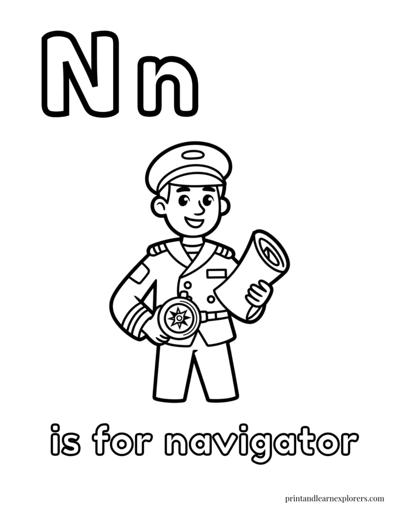 Letter N is for navigator coloring page