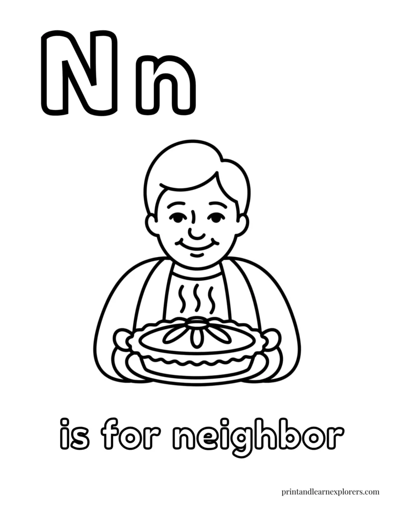 Letter N is for neighbor coloring page