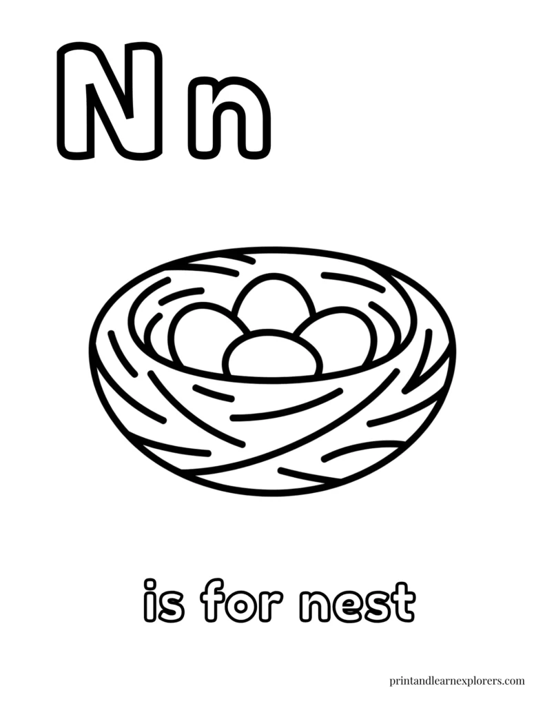 Letter N is for nest coloring page