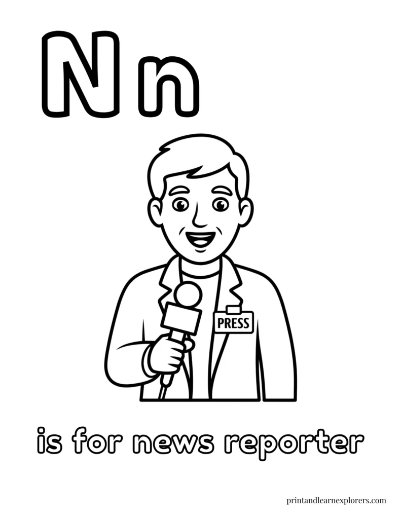 Letter N is for news reporter coloring page