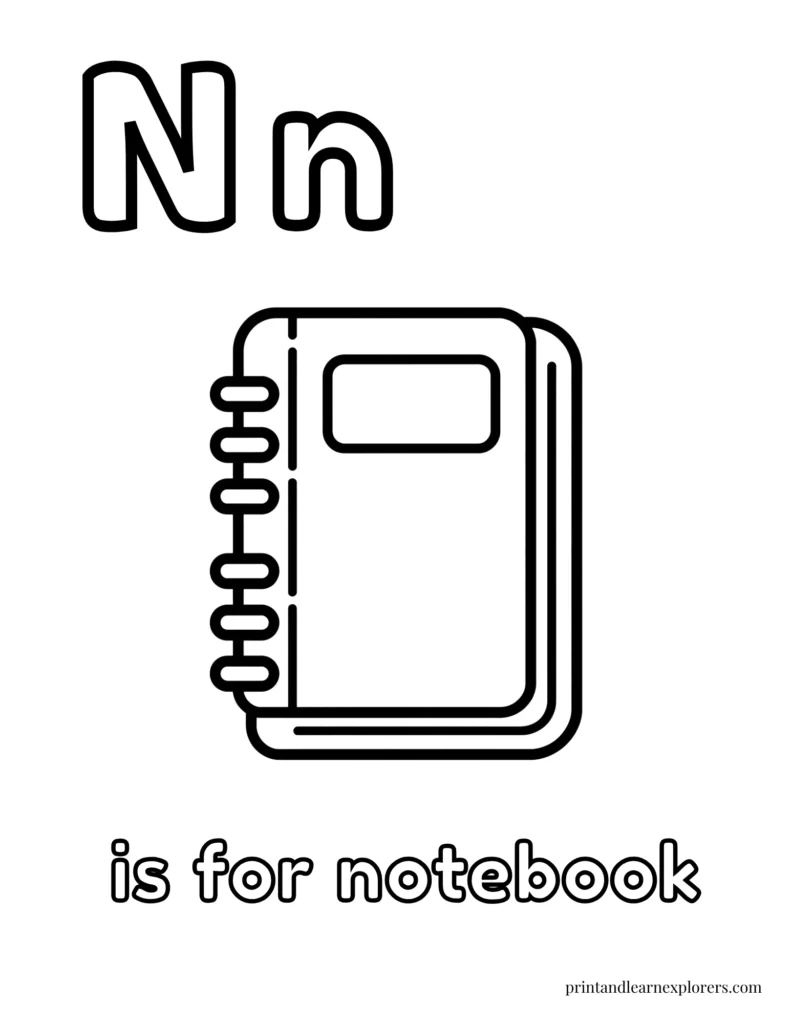 Letter N is for notebook coloring page