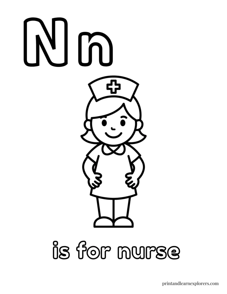 Letter N is for nurse coloring page