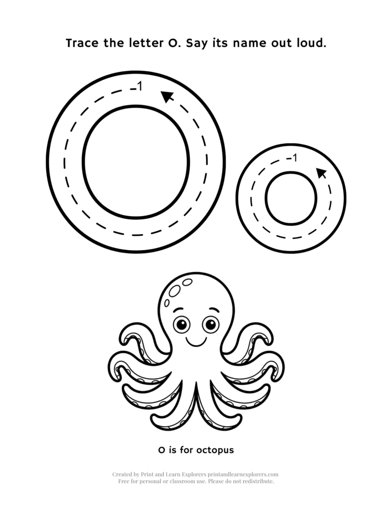 Trace the letter O, with octopus image to color worksheet