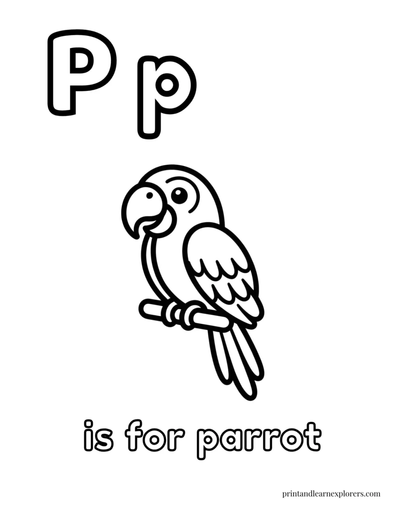 Letter P is for parrot coloring page