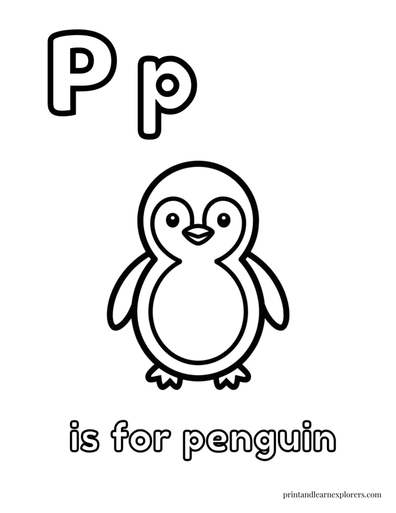 Letter P is for penguin coloring page