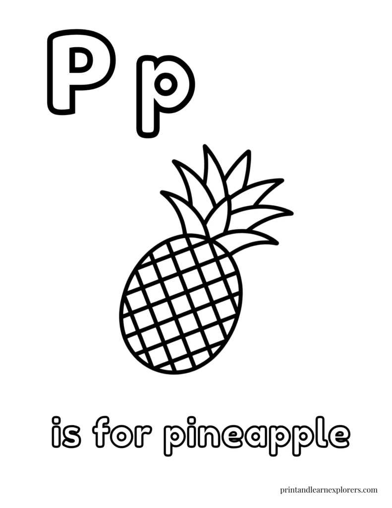 Letter P is for pineapple coloring page