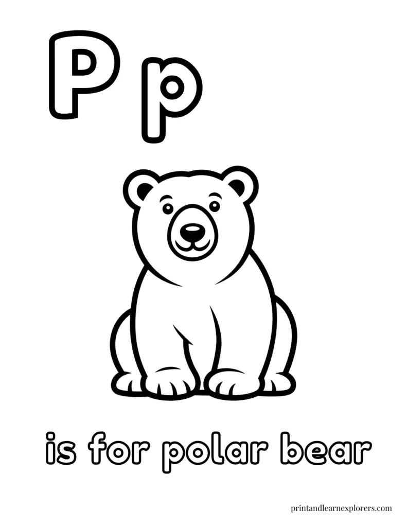 Letter P is for polar bear coloring page