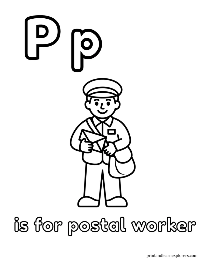 Letter P is for postal worker coloring page