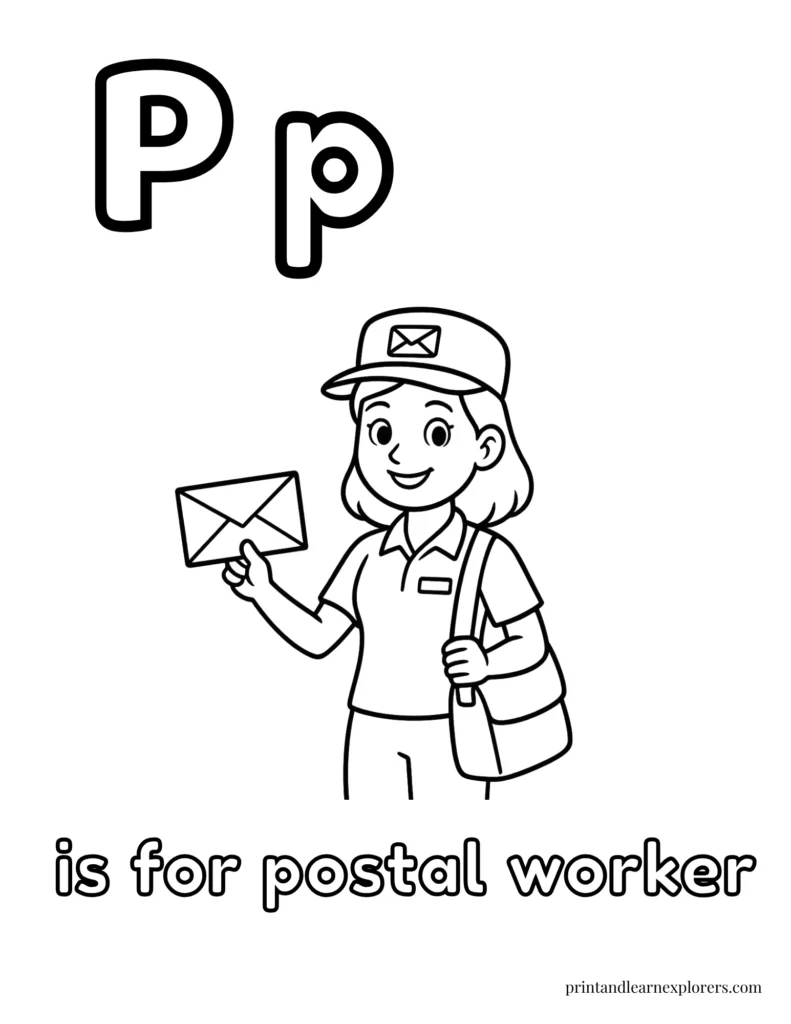 Letter P is for postal worker female coloring page