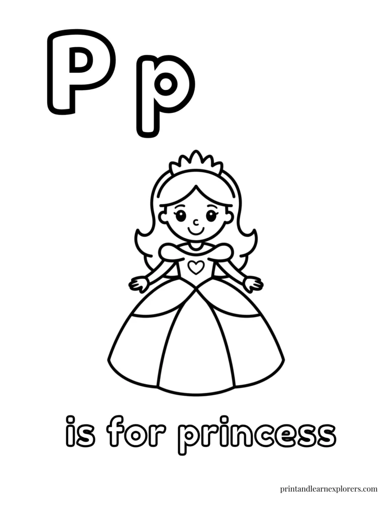 Letter P is for princess coloring page