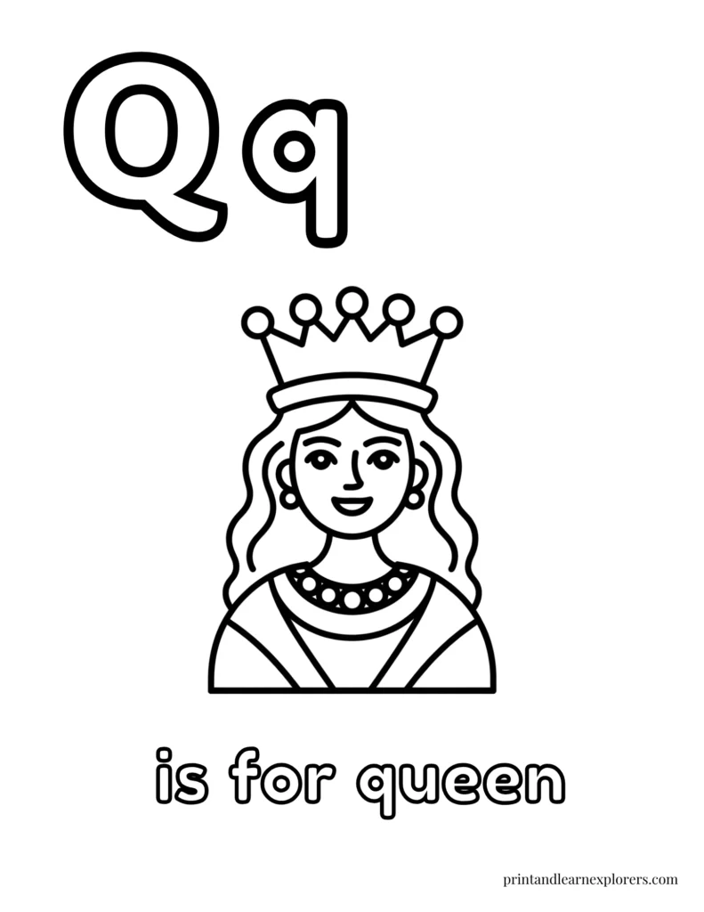 Letter Q is for queen coloring page