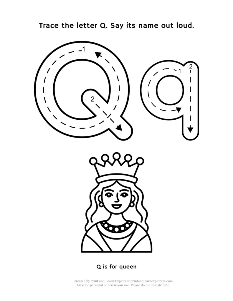 Trace the letter Q, with queen image to color worksheet