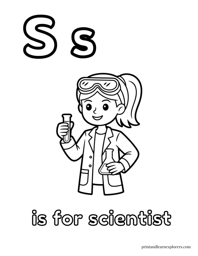 Letter S is for scientist female coloring page