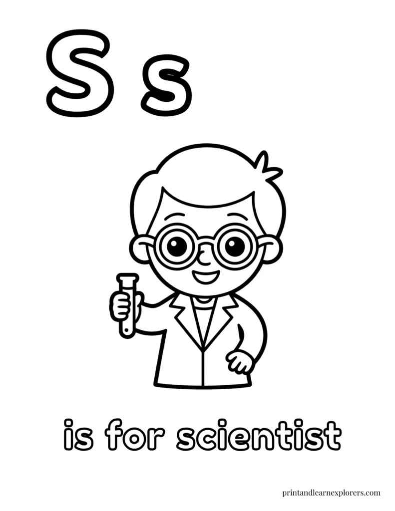 Letter S is for scientist male coloring page