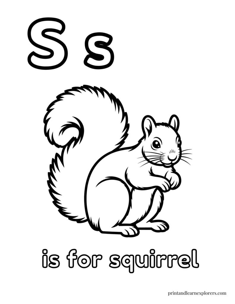 Letter S is for squirrel coloring page