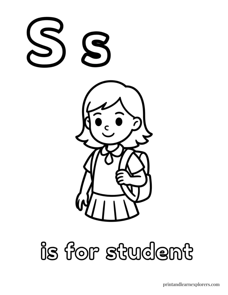 Letter S is for student female coloring page