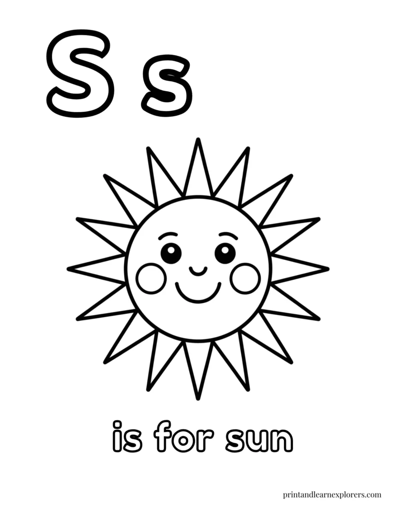 Letter S is for sun coloring page