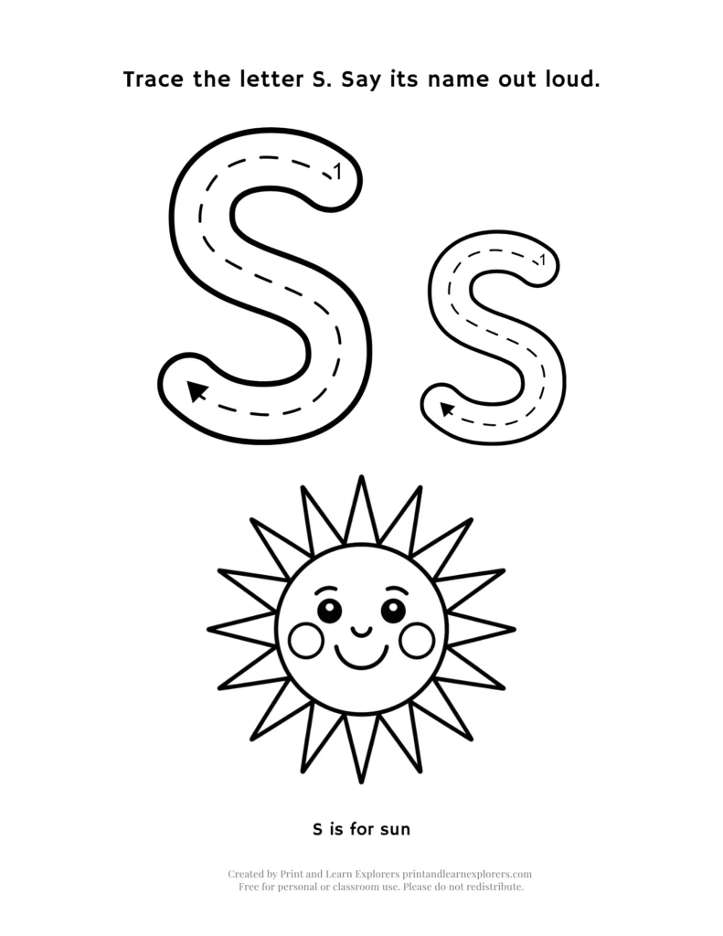Trace the letter S, with sun image to color worksheet