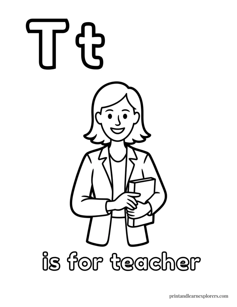 Letter T is for teacher female coloring page