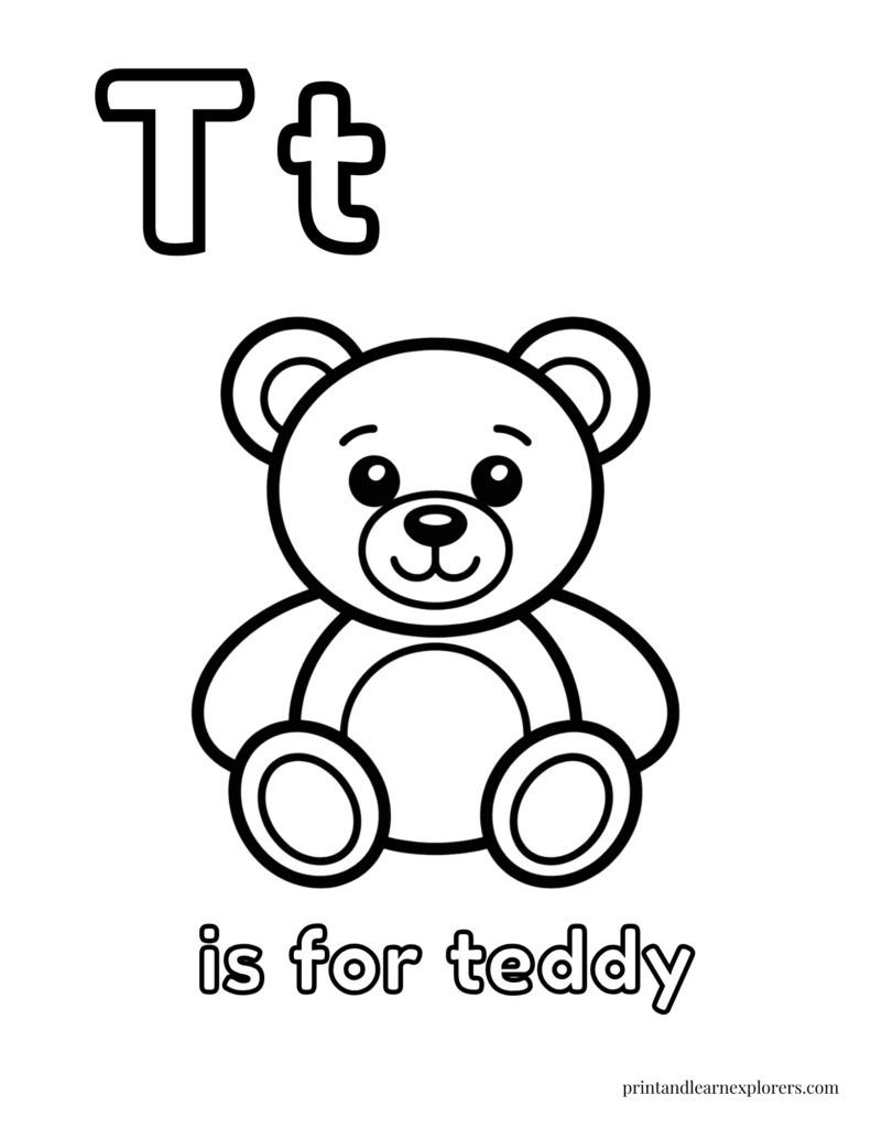 Letter T is for teddy coloring page