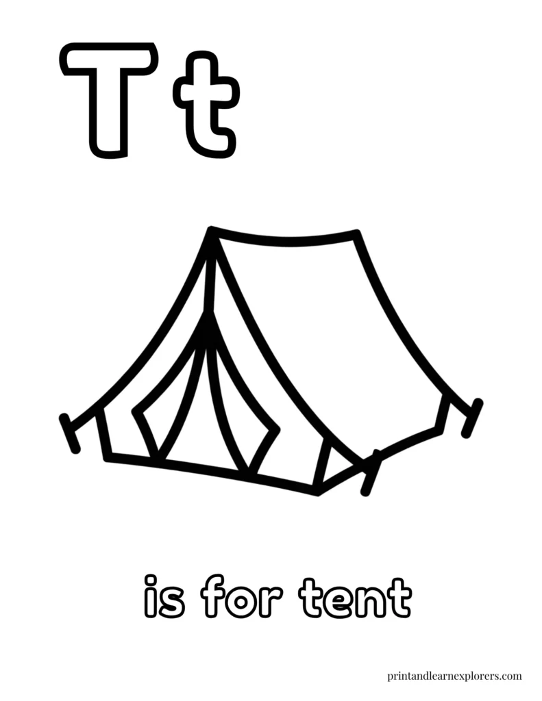 Letter T is for tent coloring page