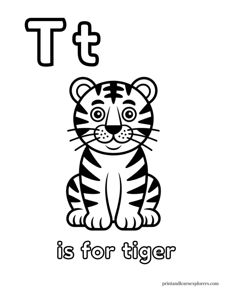Letter T is for tiger coloring page