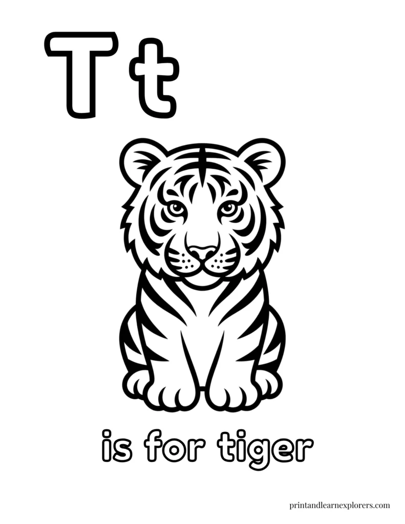 Letter T is for tiger realistic coloring page