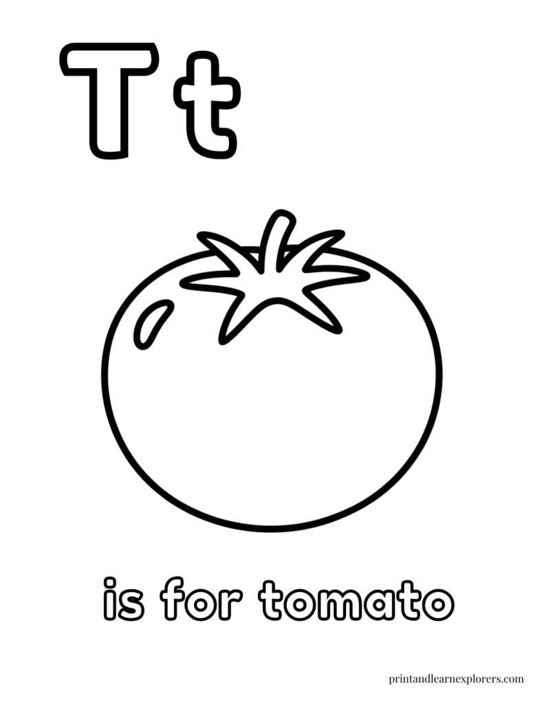 Letter T is for tomato coloring page