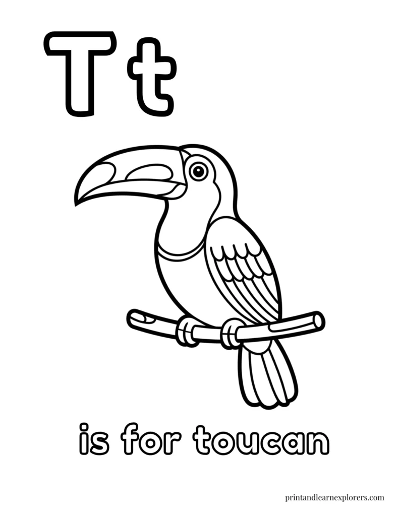 Letter T is for toucan coloring page