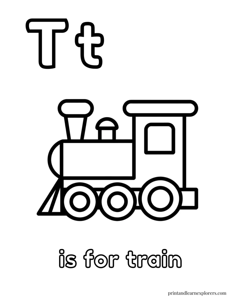 Letter T is for train coloring page